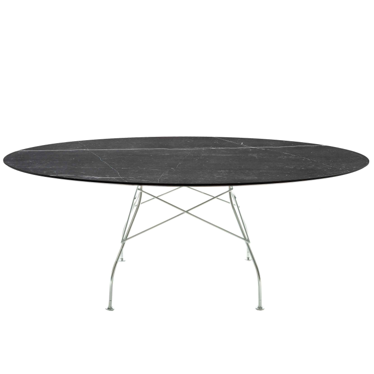 Kartell Glossy Marble tafel 118, zwart marmer, verchroomd onderstel