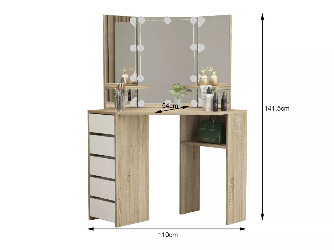 Table de coiffeuse maquillage sonoma avec miroir éclairage LED ML-DESIGN
