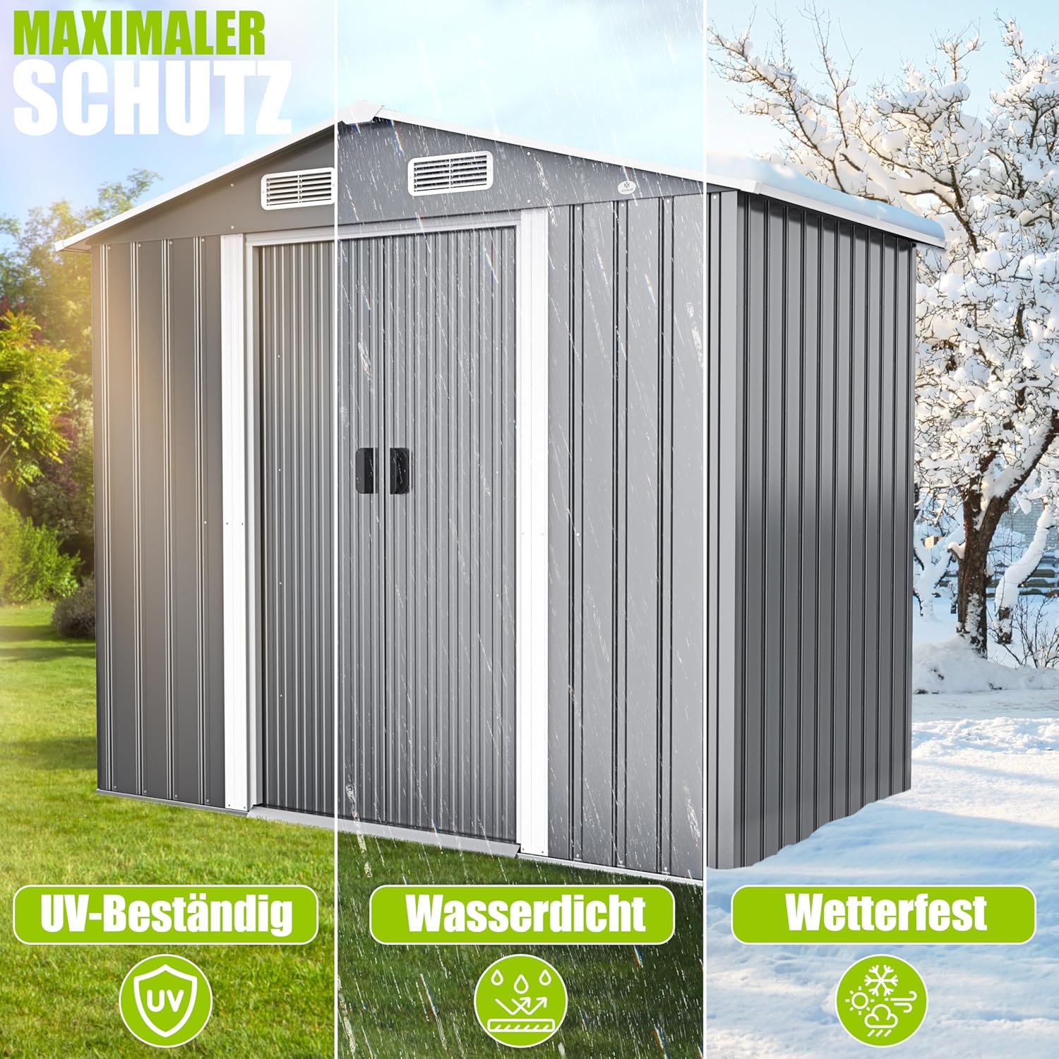 KESSER® XL Metall Gerätehaus 4,2m³ mit Fundament | Inkl. Arbeitshandschuhe | 195x131x186cm | 2X Schiebetür & Fundament | Geräteschuppen | Gartenhaus Schrank | Satteldachdach Garten Schuppen Grau