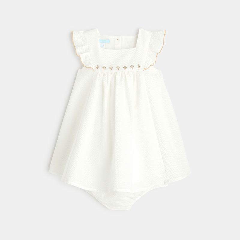Robe chic gaufrée brillante et bloomer blanche bébé fille