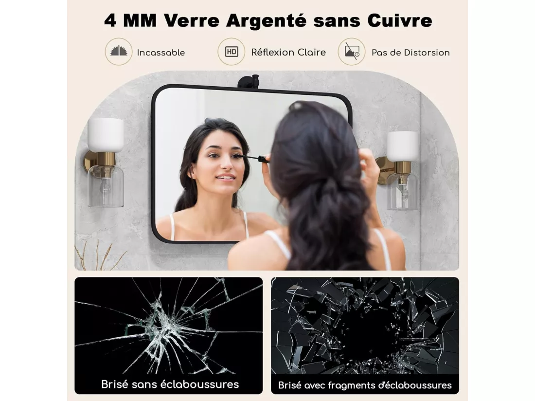 Miroir Salle de Bain 76,5 × 56 cm,4MM Verre Argenté sans Cuivre, Miroir rectangulaire pivotant, Films antidéflagrant