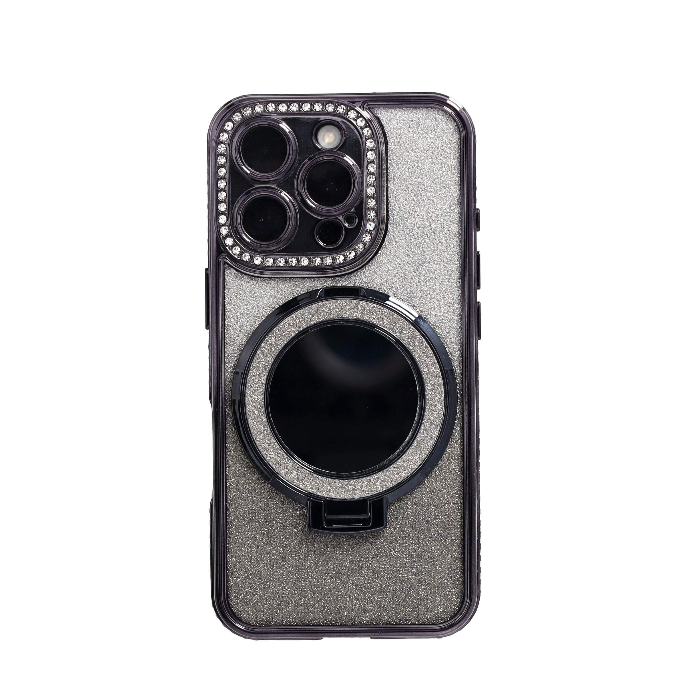 iPhone 16 Pro MagSafe Gummi Case Hülle im Glitzer Design   Magnetischer Kickstand Haltering - Schwarz / Silber