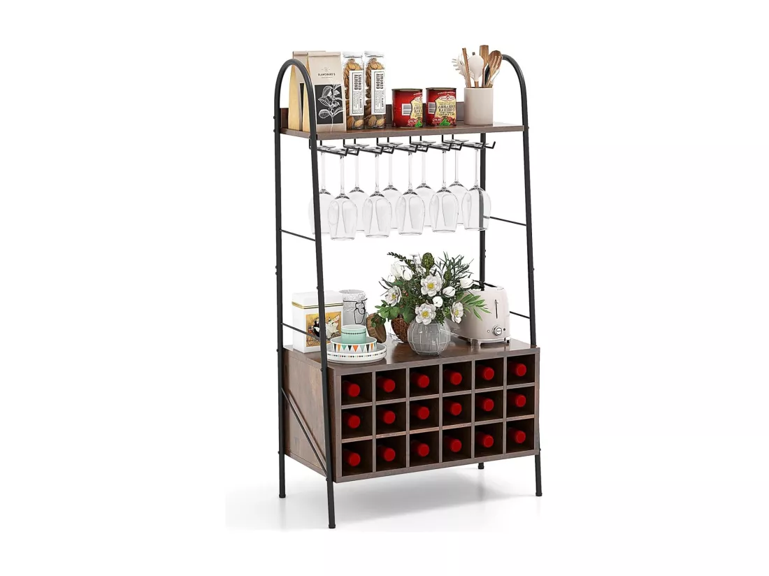 Porte-Bouteille Industriel avec Porte-Verres, 18 Bouteilles & 15 Verres, Casier à vin Amovible, Étagères de Rangement pour Cuisine, Salle à Manger, Bar, 32 x 63 x 114,5 cm, Marron Rustique