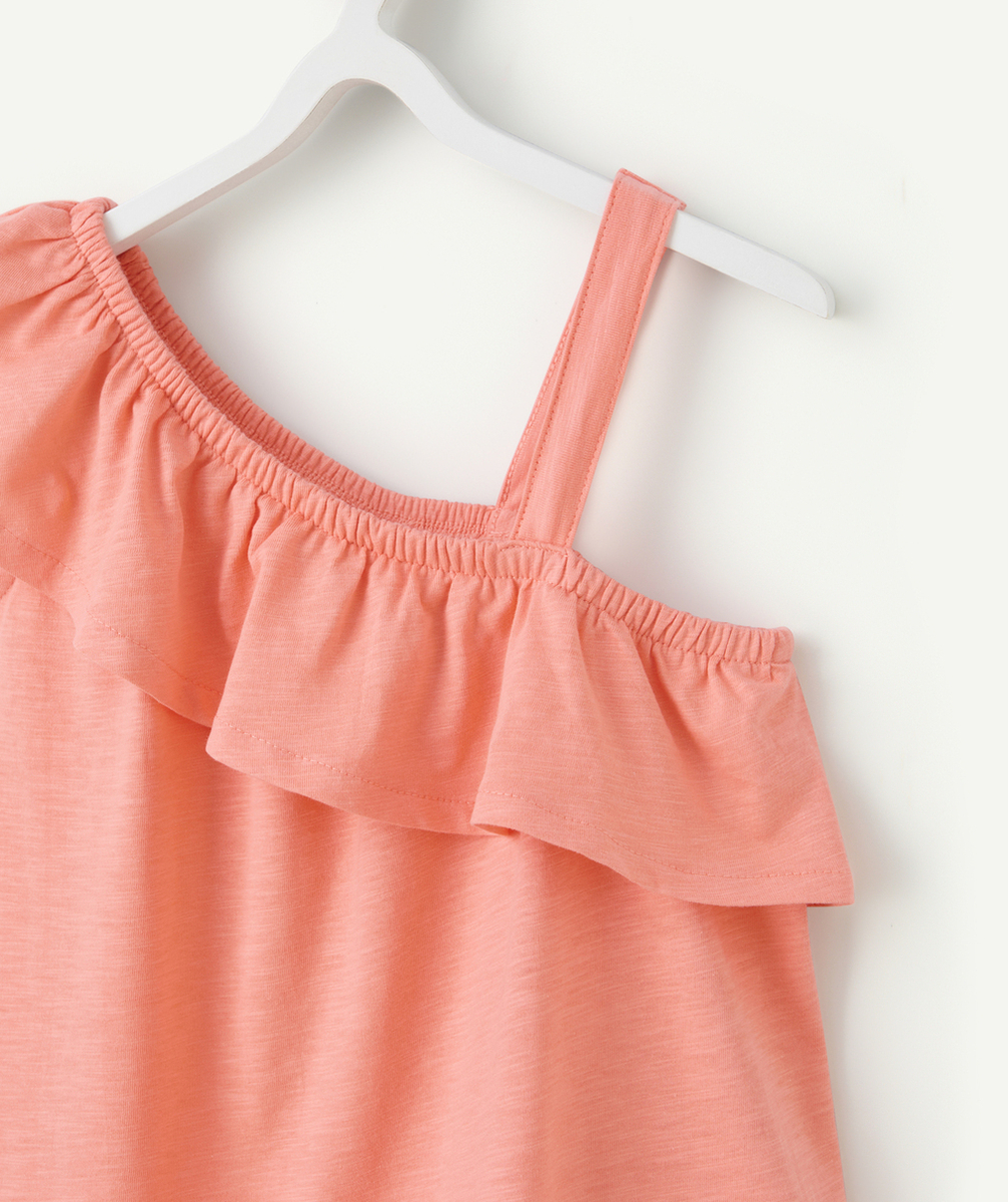robe avec manches volantes et bretelle fille en coton bio corail