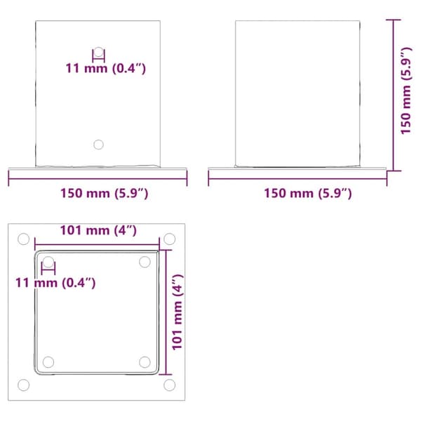vidaXL Stolpebunner firkantet 4 stk sølv 101x101 mm galvanisert stål