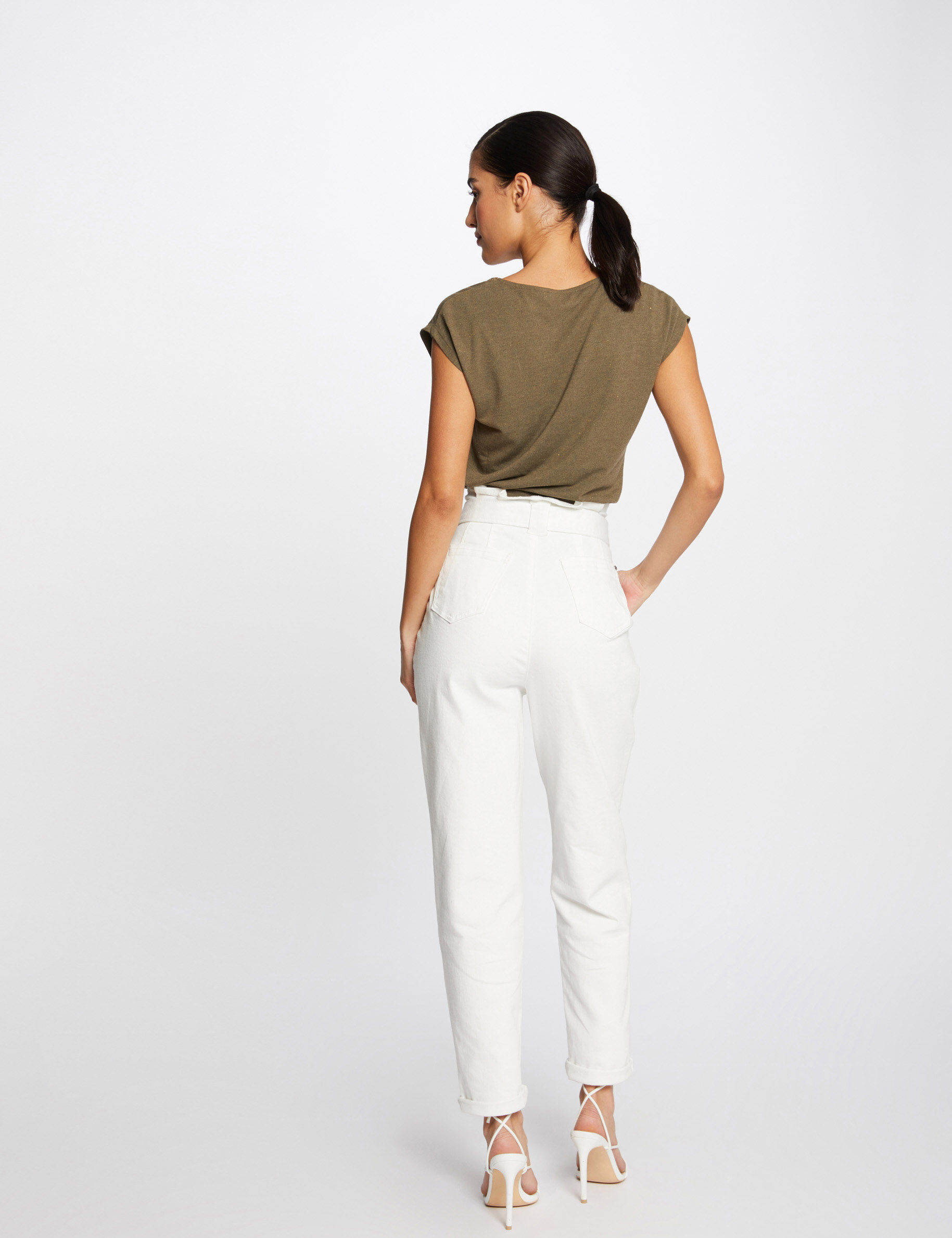 T-shirt manches courtes bande encolure vert kaki femme - vert_kaki