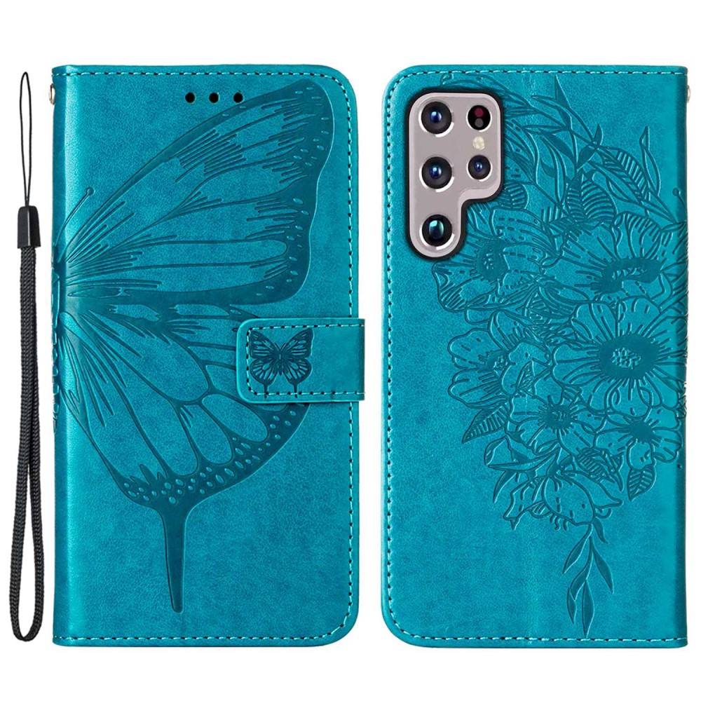 Samsung Galaxy S23 Ultra 5G Leder Tasche Flip Cover Schmetterlinge Imprint - Blau