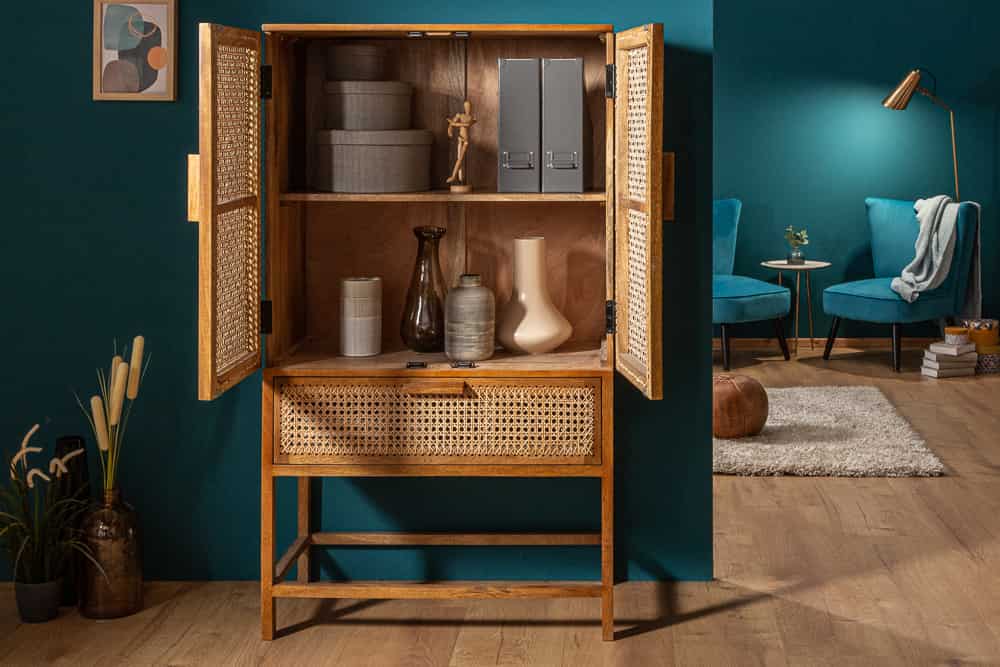 Massives Highboard BAMBOO LOUNGE 140cm Mangoholz Bambus mit Wiener Geflecht