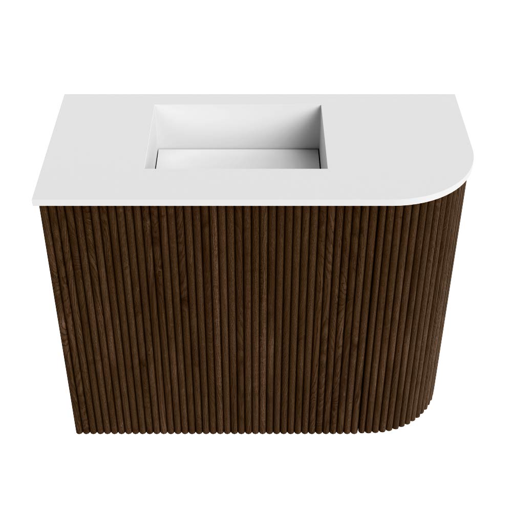 Mondiaz Joya 50cm toiletmeubel ronding rechts walnut met wastafel faye links 1 kraangat talc