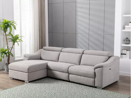 Canapé d'angle relax électrique en tissu gris clair PEDRERA - Angle gauche