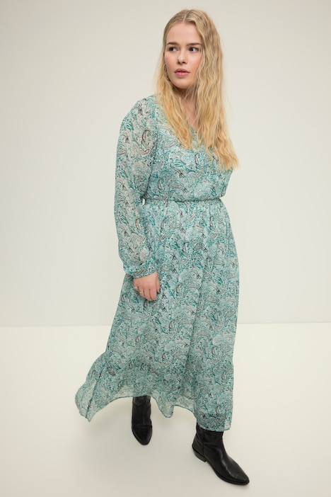 Maxikleid, A-Line, Paisley Print, V-Ausschnitt, elastische Taille, Langarm
