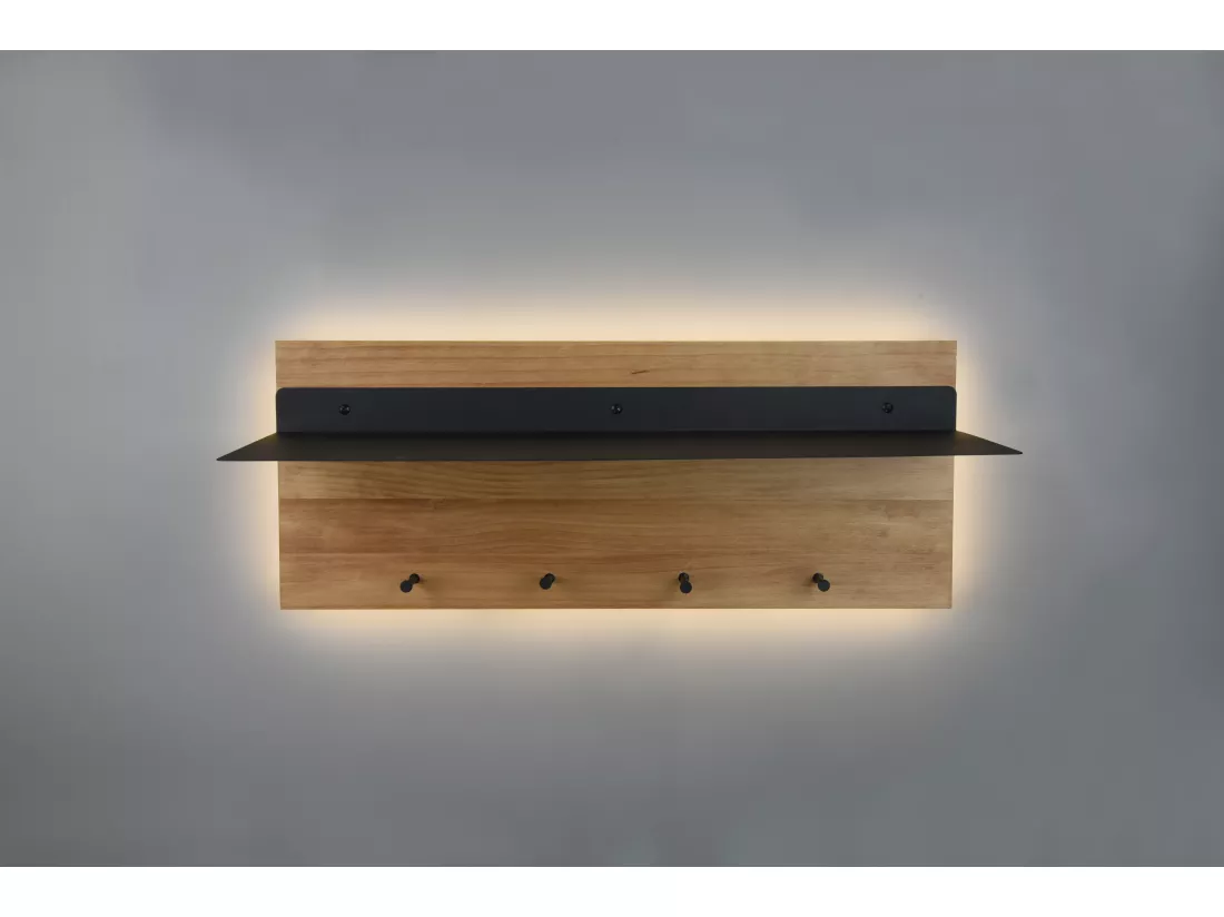 Samantha - Panneau d´accrochage mural avec crochets et bande LED - Naturel/Noir - 75x30x29,2cm