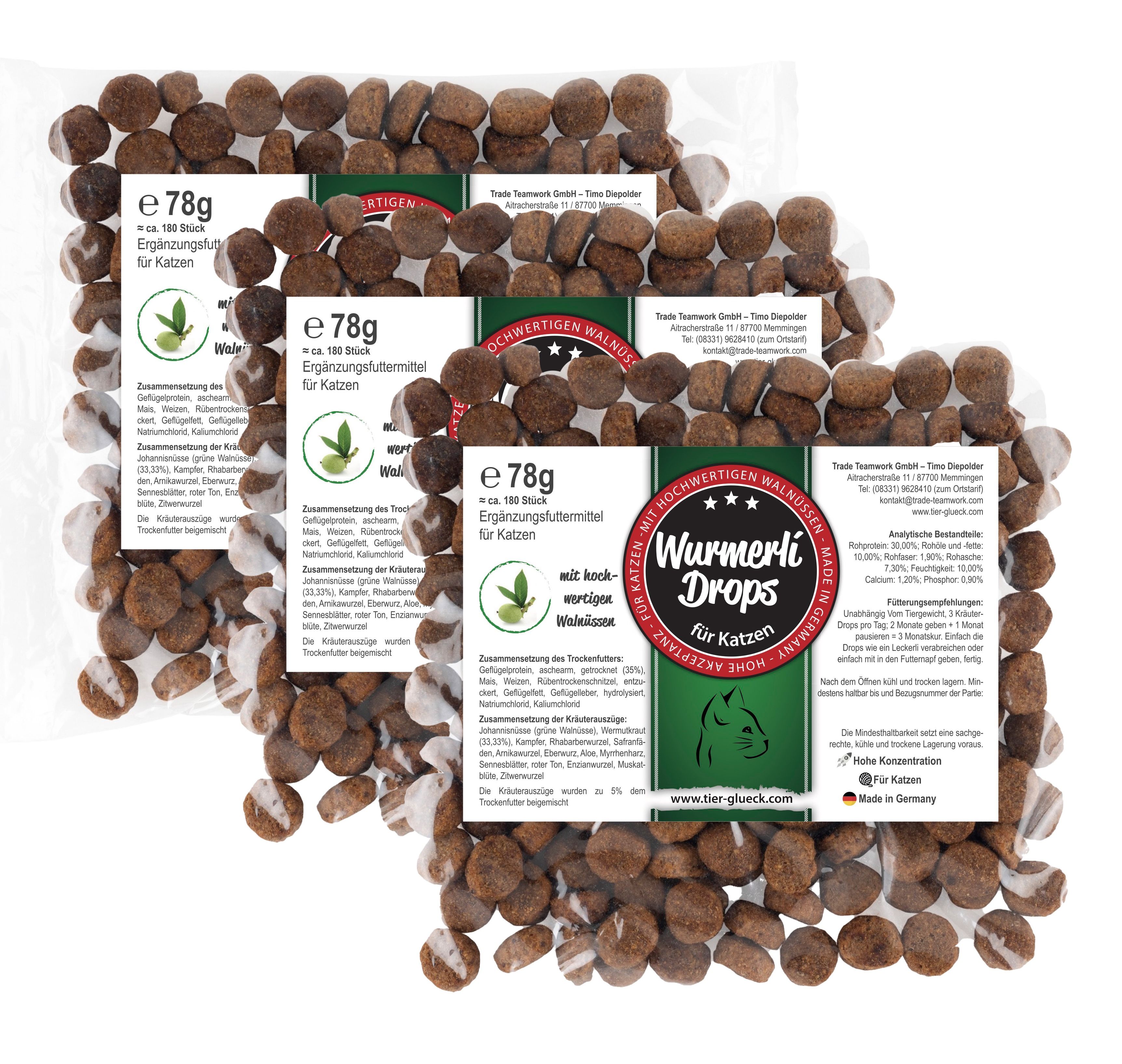TierGlück Wurmerli® Drops mit Walnuss & Angelikawurzel für Katzen