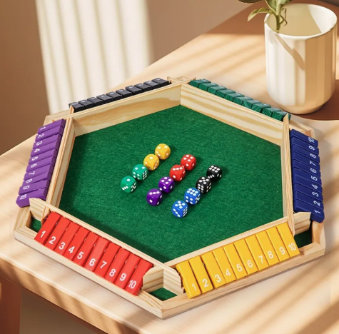 (38x38cm) Holz Shut the Box Brettspiel Hexagon Zahlen Klapp Gesellschaftsspiel inkl. Würfel