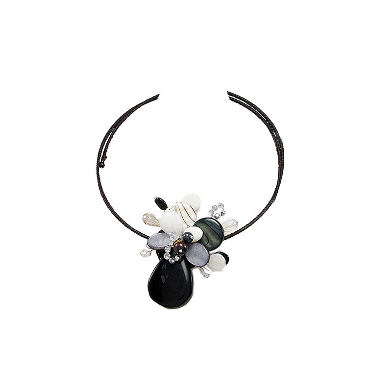 Collier Fleur en Gemstones Noir et Blanc