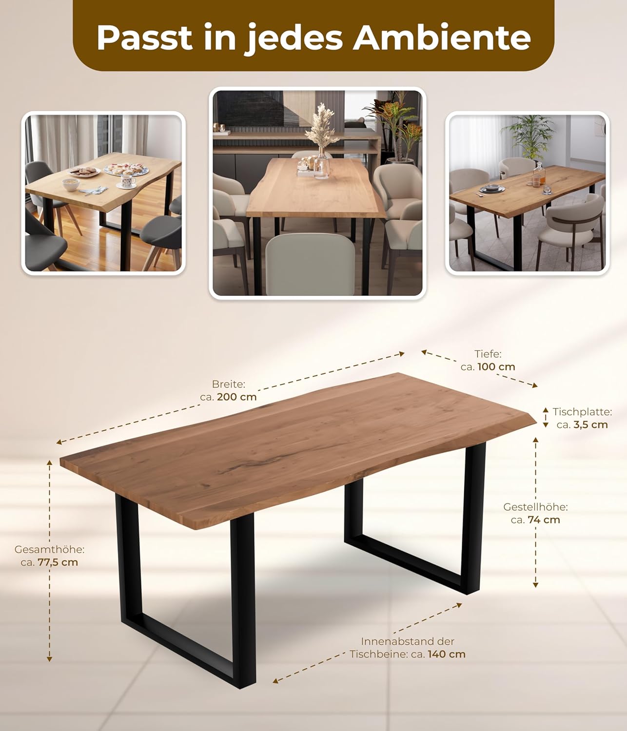 Baumkantentisch 200x100 cm – Tischplatte 3,6 cm – Massivholz Esstisch aus Akazienholz mit U-Gestell, echte Baumkante, naturfarben – Handgefertigt & robust – inkl. Lieferung an den Wunschort