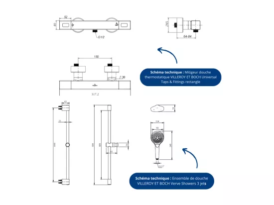 Mitigeur douche thermostatique VILLEROY ET BOCH Universal rectangle + Ensemble de douche Verve Showers 3 jets Or brossé