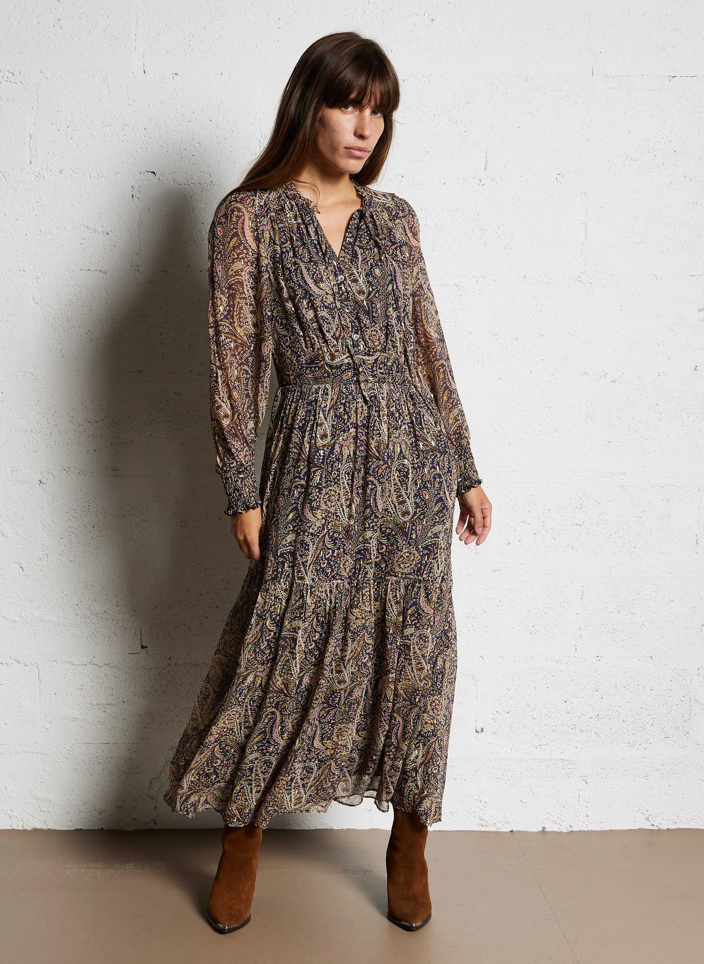 SYBILLE - Robe longue col V imprimée | Bleu