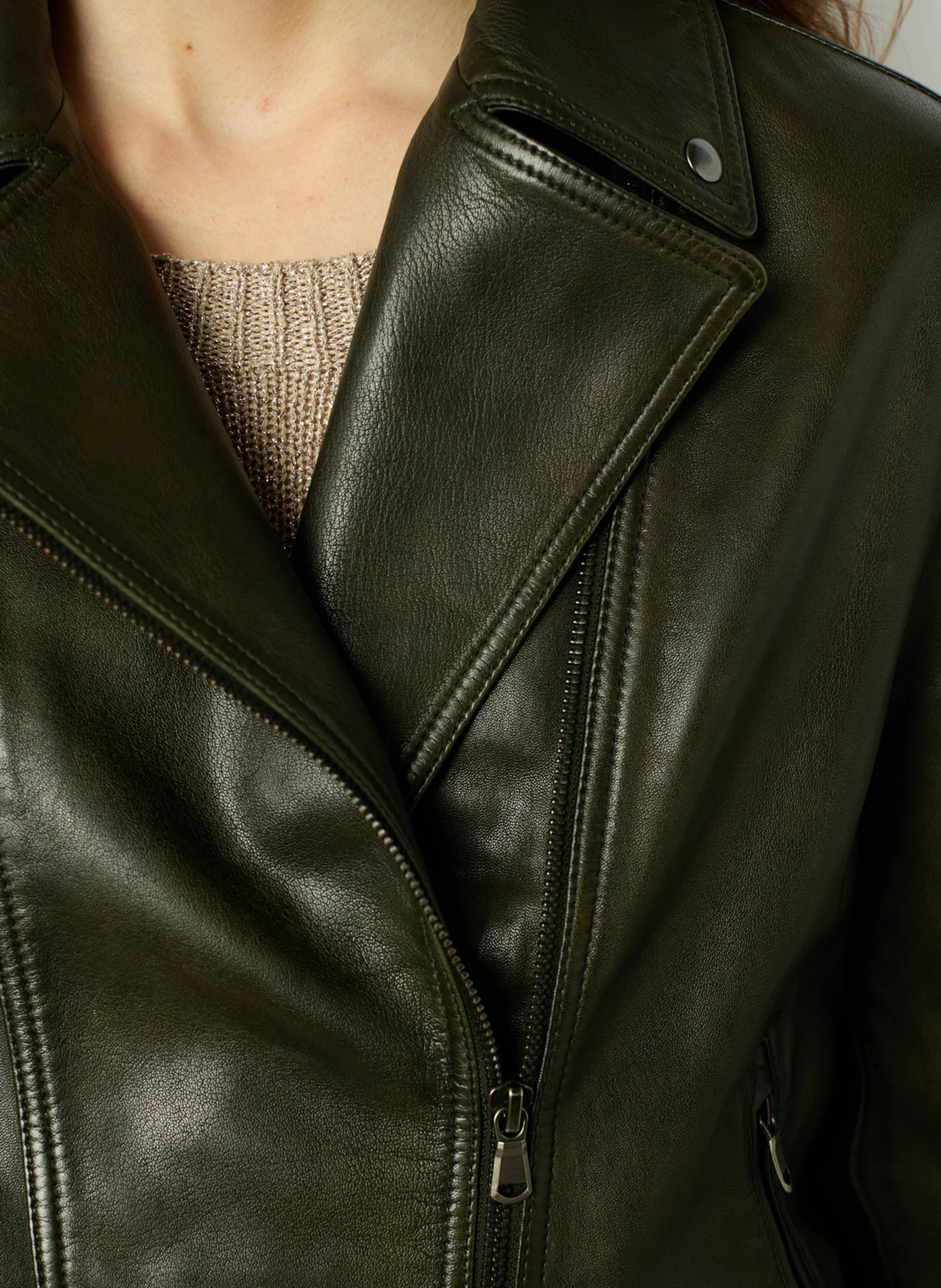 BRISEIS - Blouson droit en cuir| Kaki