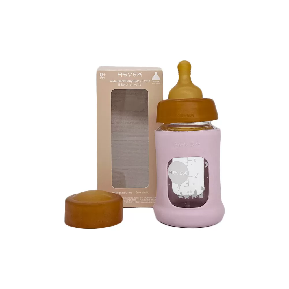 Hevea Glas Sutteflaske Wide Neck med Sleeve 150 ml, Powder Pink - 1 stk.