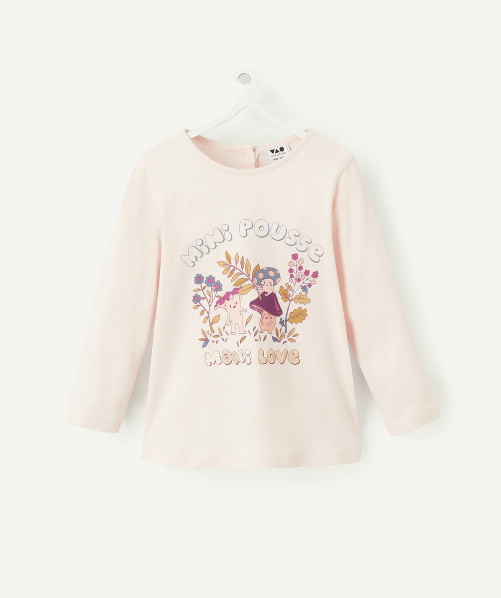 T-SHIRT BÉBÉ FILLE EN COTON BIOLOGIQUE ROSE THÈME CHAMPIGNON