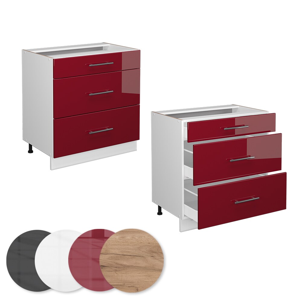 Vicco Schubladenunterschrank Küchenschrank Küchenmöbel Fame-Line Weiß Bordeaux Rot 80 cm modern Hochglanz Küche Einbauküche Drehtür Blende Schublade Küchenunterschrank Küchenzeile