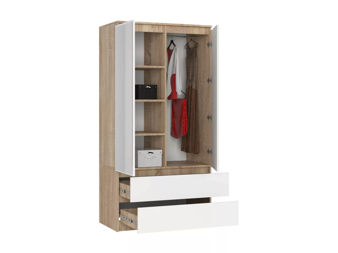 Armoire AKORD S90 avec miroir Chêne Sonoma 90 cm 2 portes 2 tiroirs façade Blanche 4 étagères 90x51x180 cm