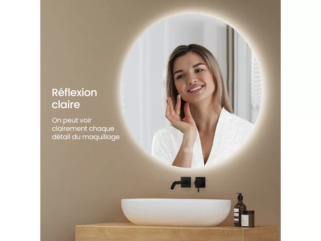 EMKE Miroir lumineux salle de bain rond diamètre 70cm, rétro-éclairage sans cadre, Interrupteur Tactile, Miroir avec éclairage Froide/Neutre/Chaude