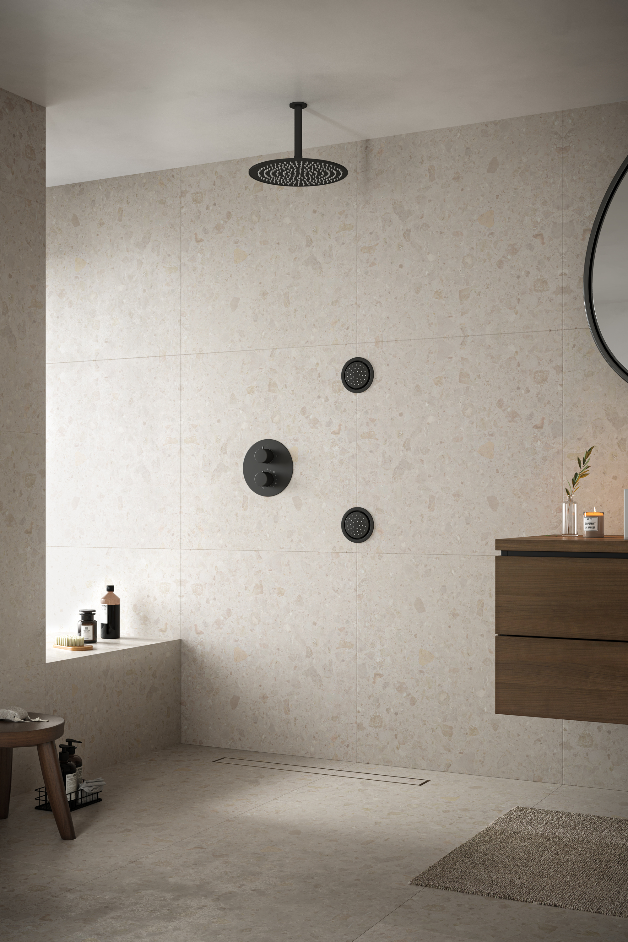 Saniclear Nero Stripes inbouw regendouche 20cm met ronde massagejets en plafondarm zwart mat
