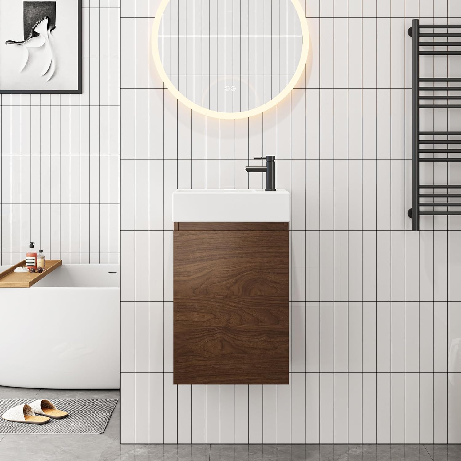 HOROW Badmöbel Set 40 cm, Waschbecken mit Unterschrank, Kleiner Waschbeckenunterschrank Hängend Badezimmerschrank, WC Aufsatzwaschbecken Klein für kleine Bäder, Dunkelbraun