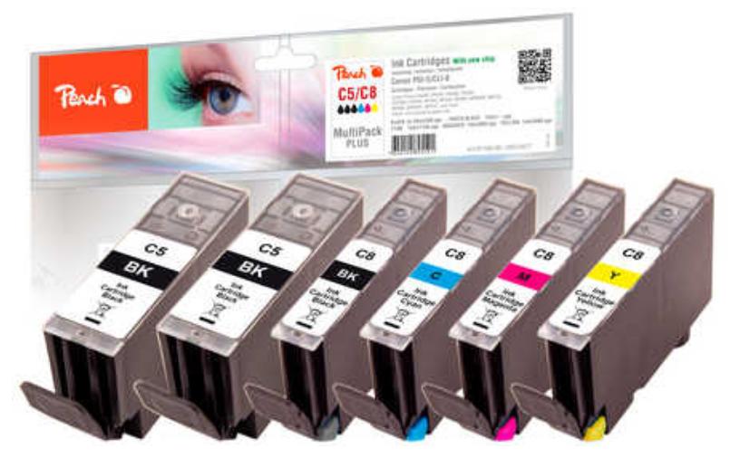 Tinte Canon GI-5 / CLI-8 2x BK, 1x PBK, 1x C, 1x M, 1x YTintenpatronen: 2x Schwarz, 1x Fotoschwarz, 1x Cyan, 1x Magenta, 1x Yellow