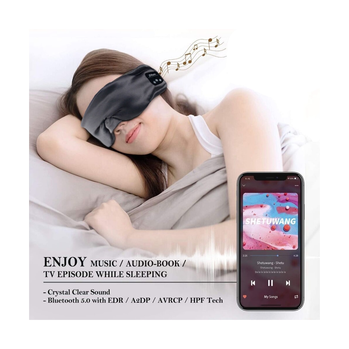 Bluetooth Eyemask - Trådløs søvnmaske med innebygde høyttalere for avslappende og rolig søvn Sort