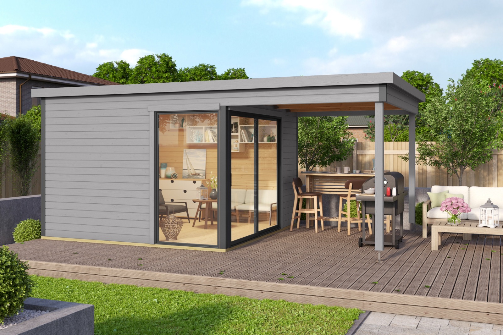 Gartenhaus DOMEO 2 - lichtgrau-anthrazit - Fichte massiv - 504,4x300 cm