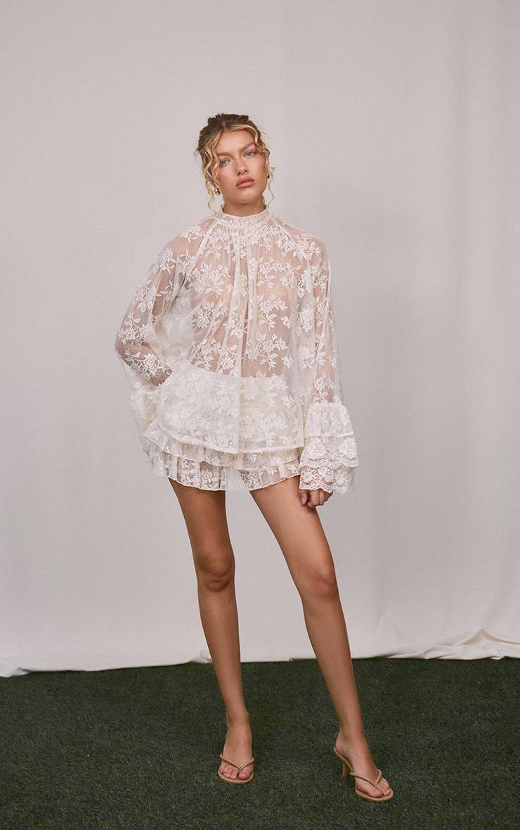 Crème Ensemble Coordonné Blouse En Dentelle À Col Montant Et Manches À Volants