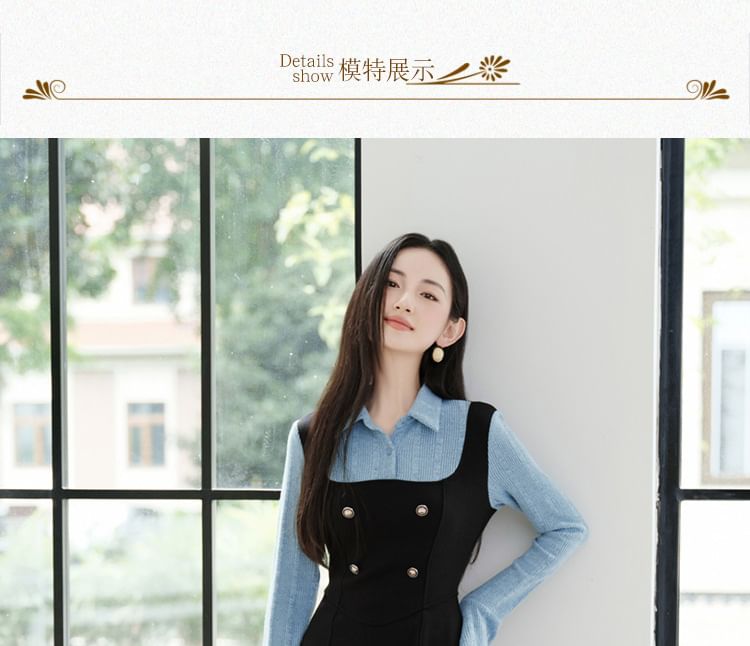 Cocaliso - Mock Two-Piece Long-Sleeve Collar Two Tone Midi A-Line Dress
