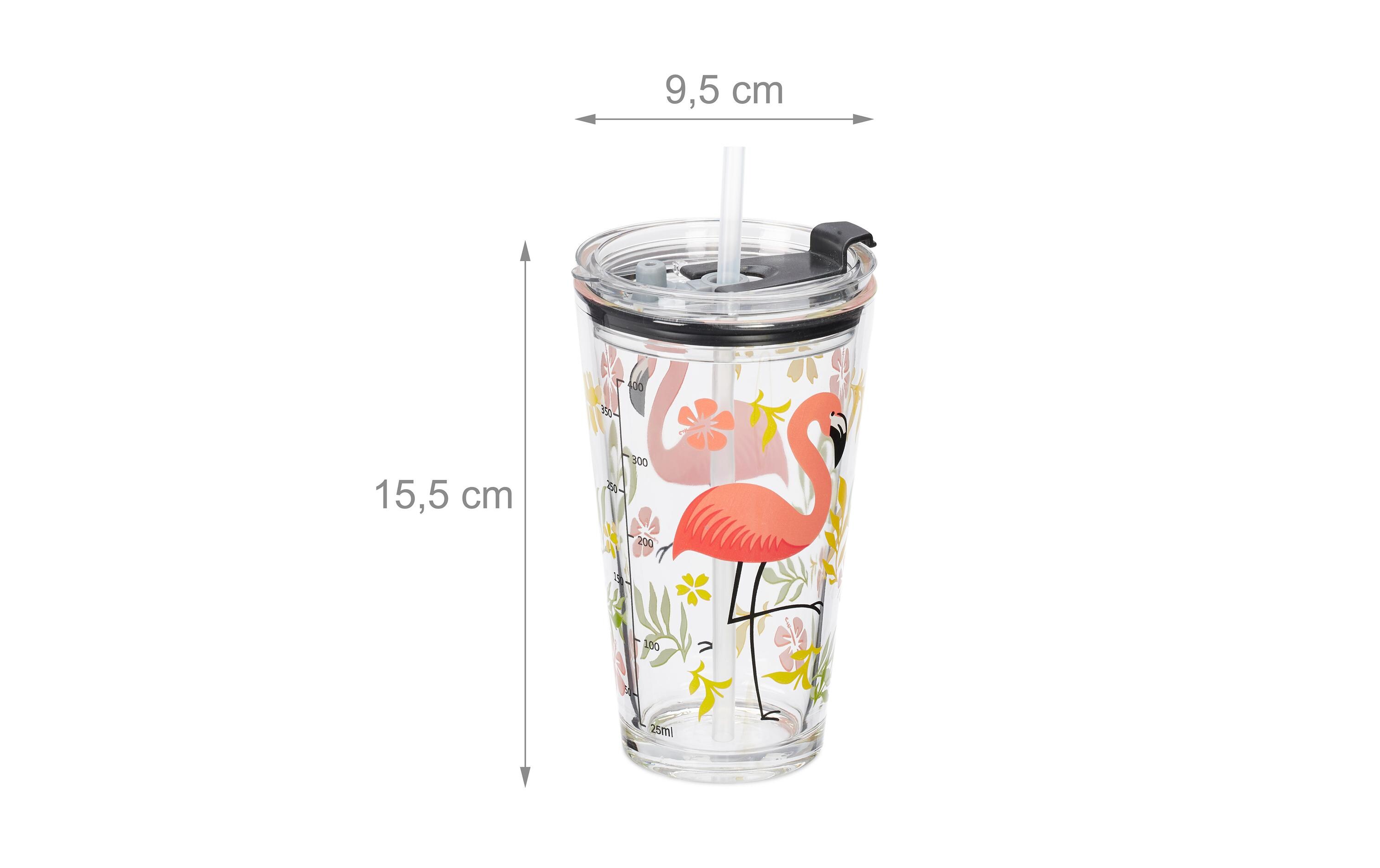 Trinkglas Flamingo 4 Stück, 450 mlGlas mit Deckel und Strohhalm