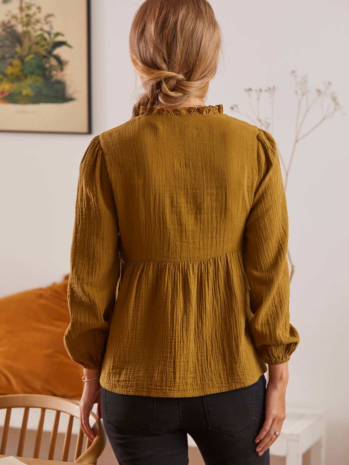 Blusa lisa de chiffon de algodão preto escuro para gestantes e lactantes.