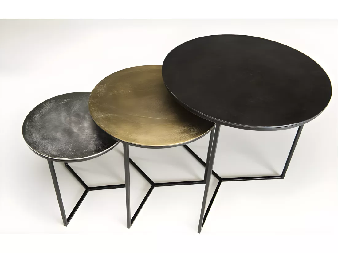 JONAS - Set de 3 tables gigognes rondes aluminium noir doré argenté - pieds métal noir