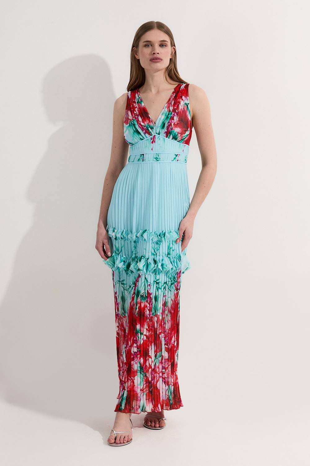 KarenMillen Robe midi tissée à détails floraux plissés et bretelles