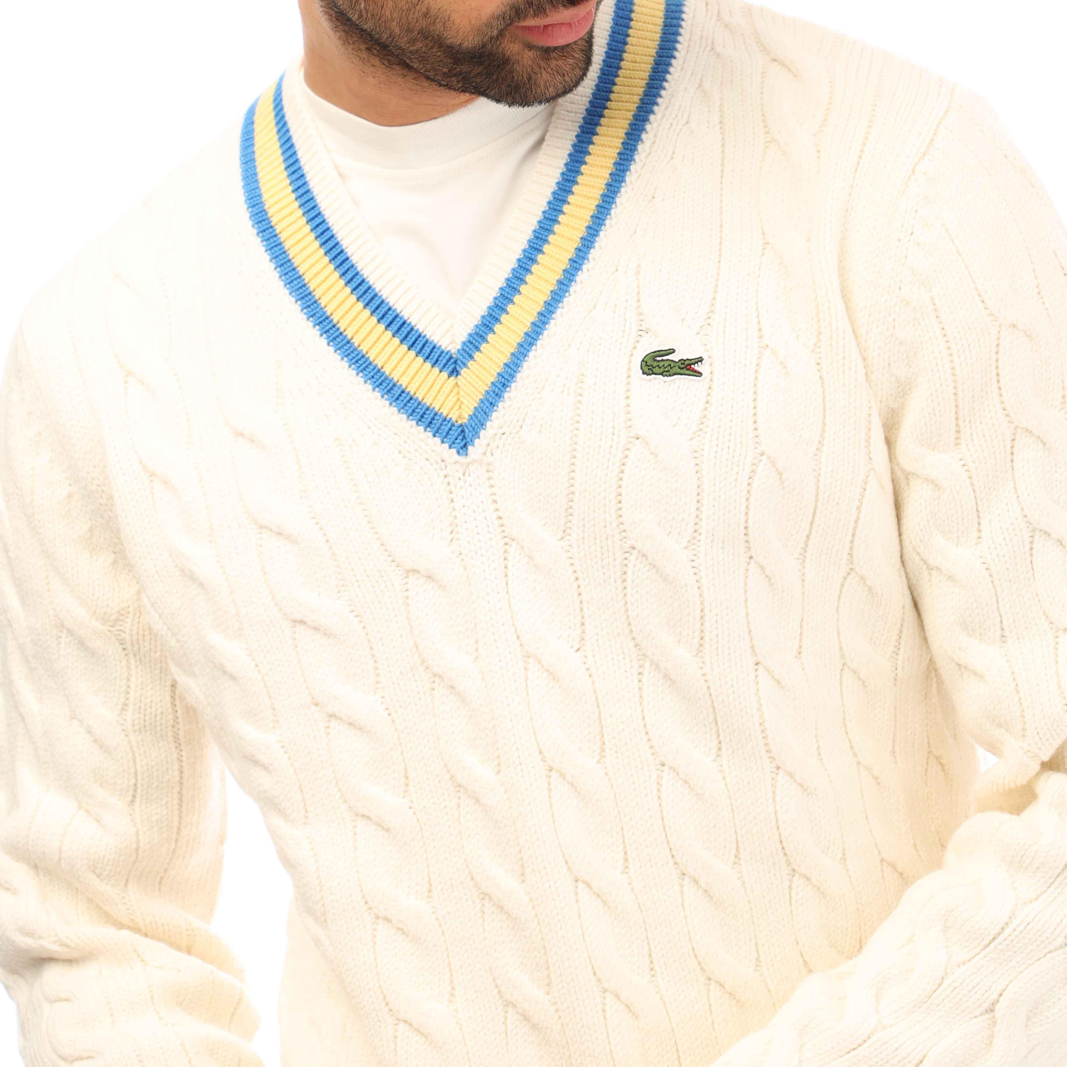 Lacoste V Neck Striped Wool Sweater