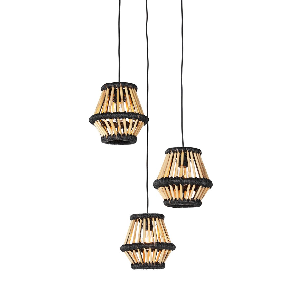 Oosterse hanglamp bamboe met zwart rond 3-lichts - Evalin