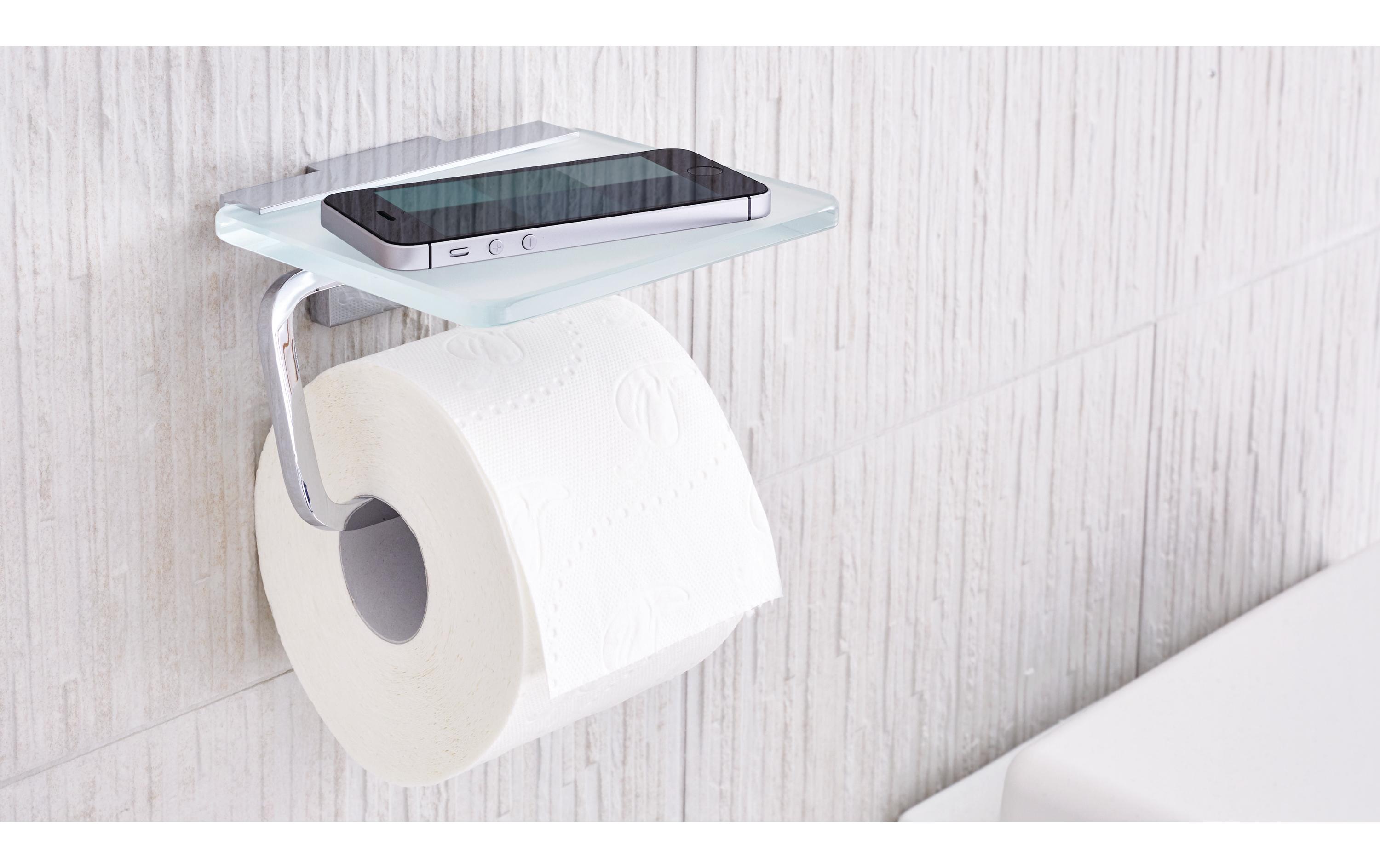Toilettenpapierhalter Deluxxe, SilberGlänzender Toilettenpapierhalter inkl. Ablage mit eckigem Design, ohne Bohren inkl. Klebelösung