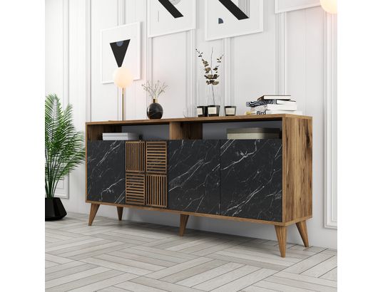 CONCEPT1 - Bahut Milan noyer marbre noir 160 x 35 x 78cm