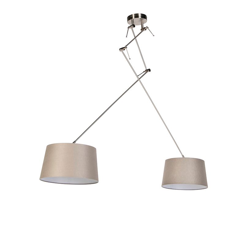 Hanglamp staal met linnen kappen taupe 35 cm 2-lichts  - Blitz