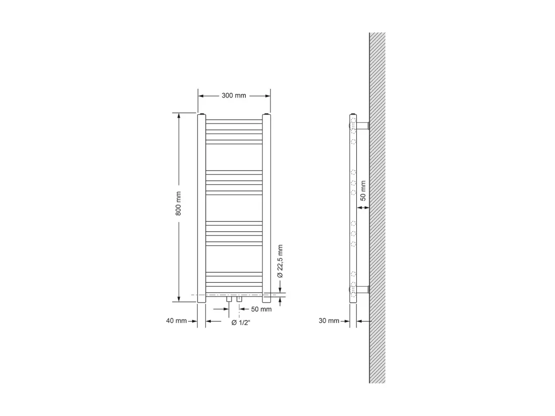 Radiateur sèche-serviette salle de bain droite blanc connexion central 30x80 cm