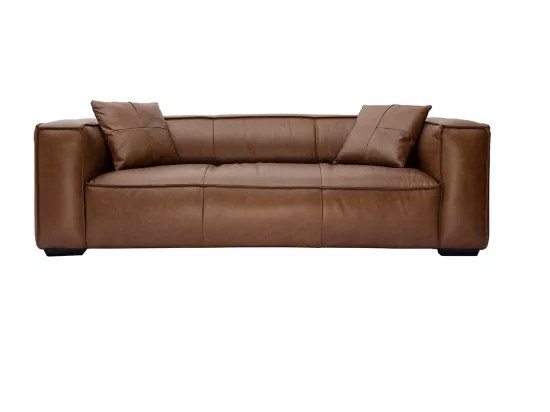 Canapé vintage 3 places cuir marron et bois noir COBAIN