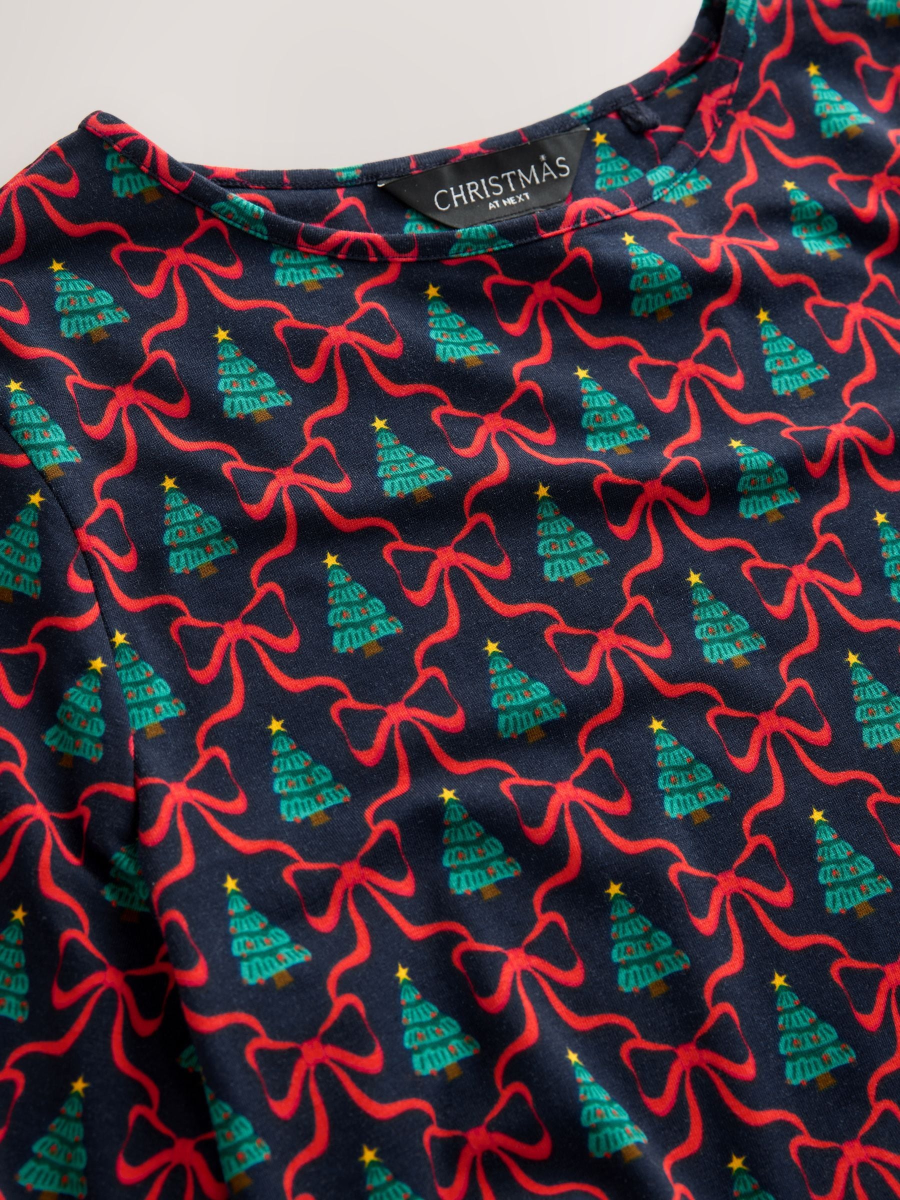 Marineblauw - Kerstmis Strik Print Lange Mouwen Jurk