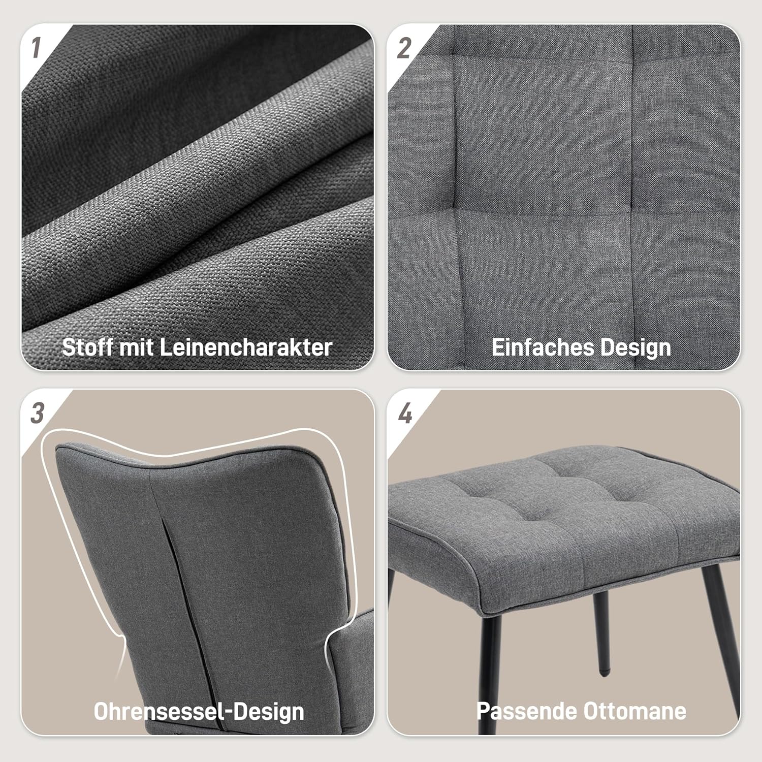 HOMCOM Schaukelstuhl Schwingsessel mit Hocker, Armlehnsessel, Sessel mit Leinenoptik, Schaukelsessel bis 130 kg Belastbarkeit für Schlafzimmer, Wohnzimmer, Dunkelgrau
