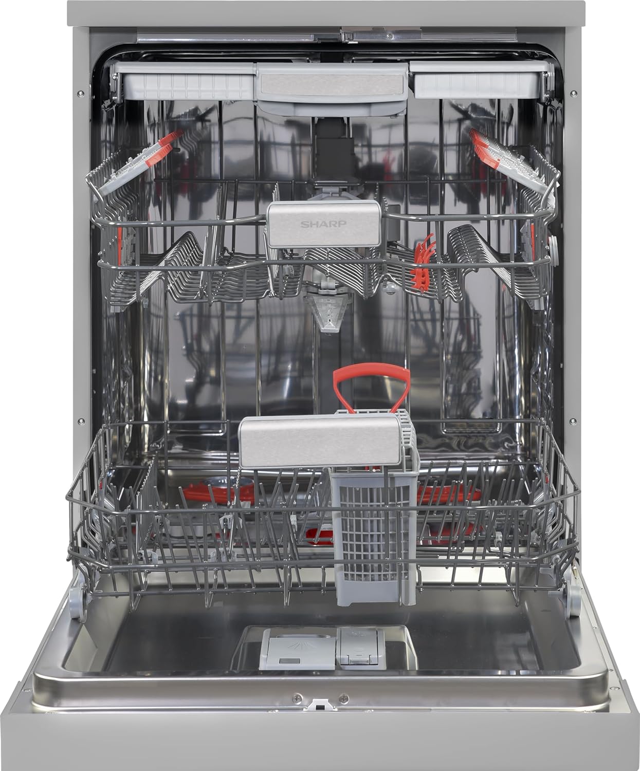 Sharp QW-NA25GF44BS-DE Freistehender Geschirrspüler 60cm / B / 14 Maßgedecke mit Besteckschublade / 8 Programme mit Automatikprogrammen/Halbe Beladung/Startzeitvorwahl/AquaStop/Silber