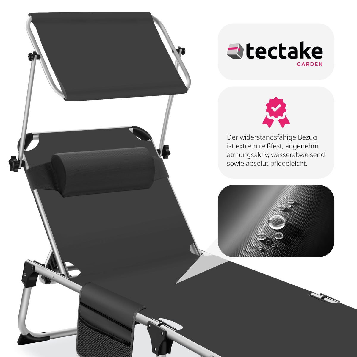 tectake Aurelie opvouwbare zonnestoel met hoofdsteun, 218 x 60 x 33,5 cm, inclusief zijvak